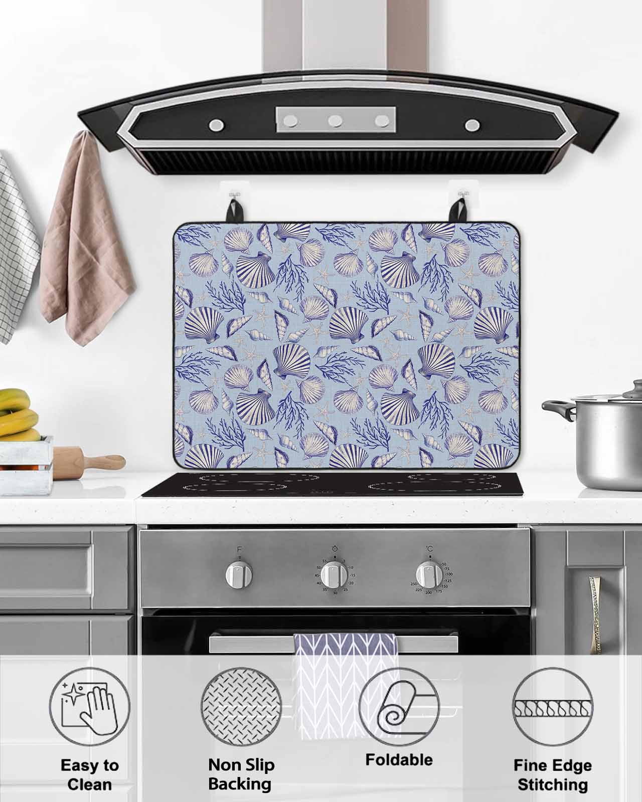 nqOlkjepod Large Induction Cooktop Protector Mat 36"x21", Coastal Seashells Stove Top Covers for Electric Stove, Summer Nautical Coral Vintage Rustic Stove Burner Cover Mats, Glass Top Stove Cover