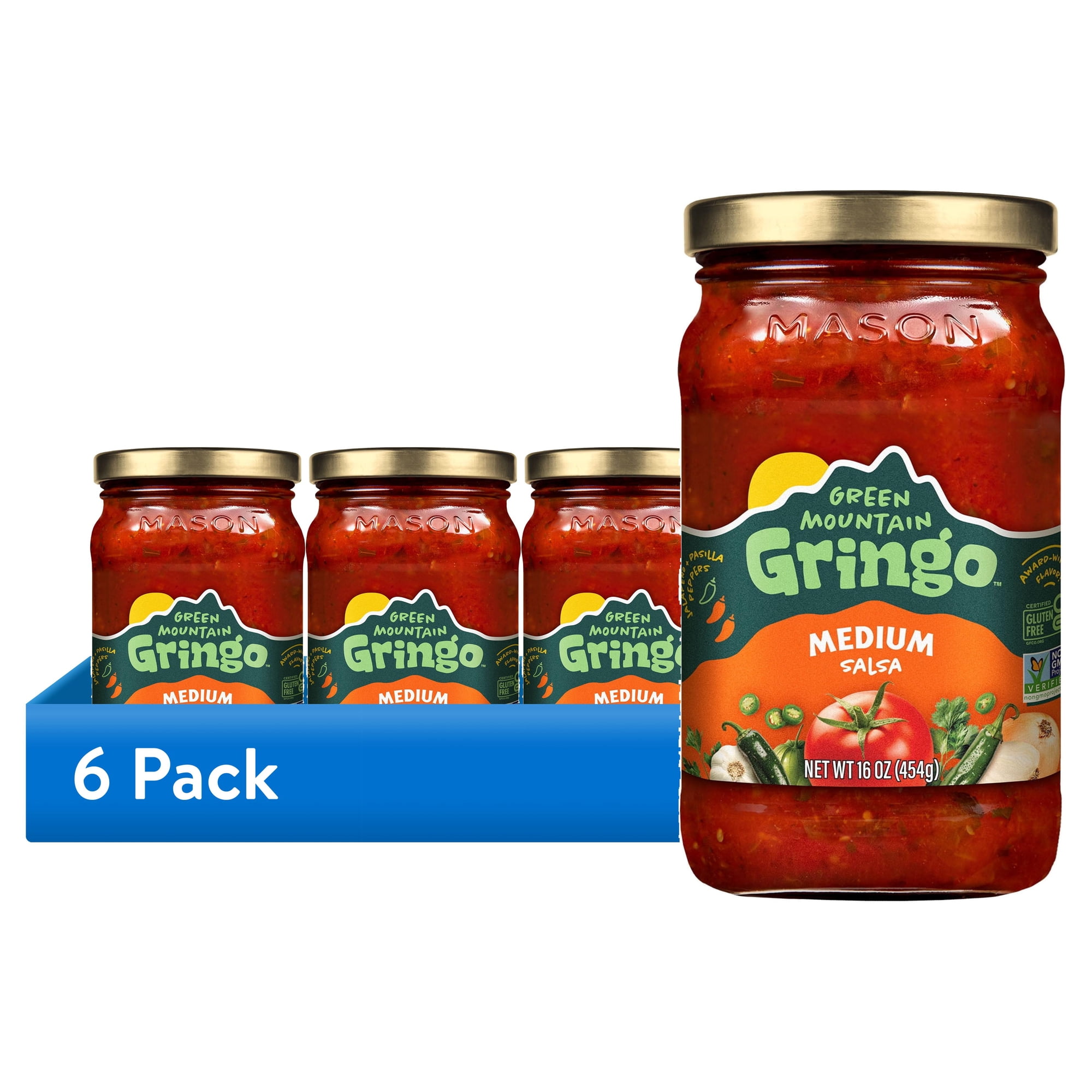 (6 pack) Green Mountain Gringo Medium Salsa 16oz Gluten-Free Certified Non-GMO Project Verified