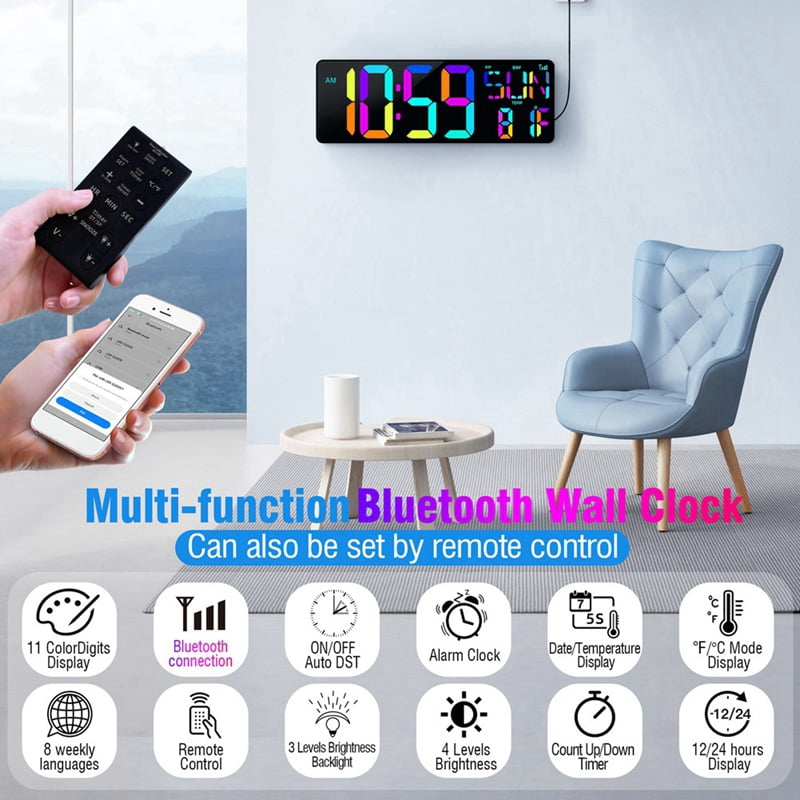 Large Digital Wall Clock 16.5 Inch Bluetooth Auto Time Sync Led Digital Clock Display Calendar Clock US Plug