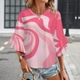thumbnail image 3 of Pink Abstract Wavy Design Women's V-Neck Blouse With 3/4 Ruffled Bell Sleeves Casual Top Ladies Blouses, 3 of 7