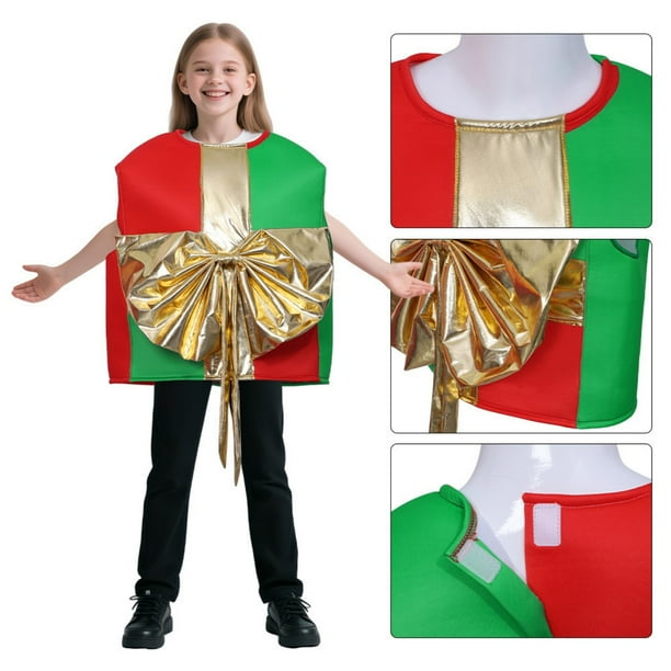 Disfraz de Papá Noel en forma de caja de regalo para niños. Ideal para fiestas navideñas y espectáculos. Incluye tapa desmontable. También disponible en versiones infantiles.