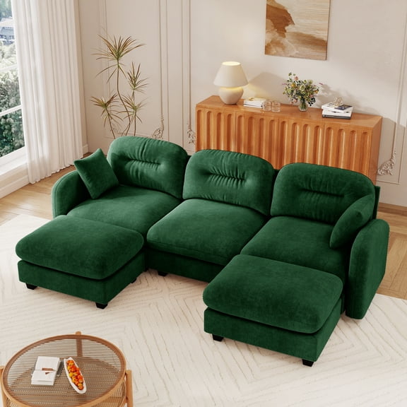 3-Seat Modular Sectional U-Shaped Couch With Ottoman,Premium Chenille Fabric Soft Throw Pillows,High-Density Foam Ergonomic Design Easy Install,Green
