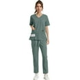 thumbnail image 6 of HKYNLAG Scrub Sets for Woman Solid Color V-Neck Short Sleeve Long Pants Nurse Uniform with Pock Green M, 6 of 7