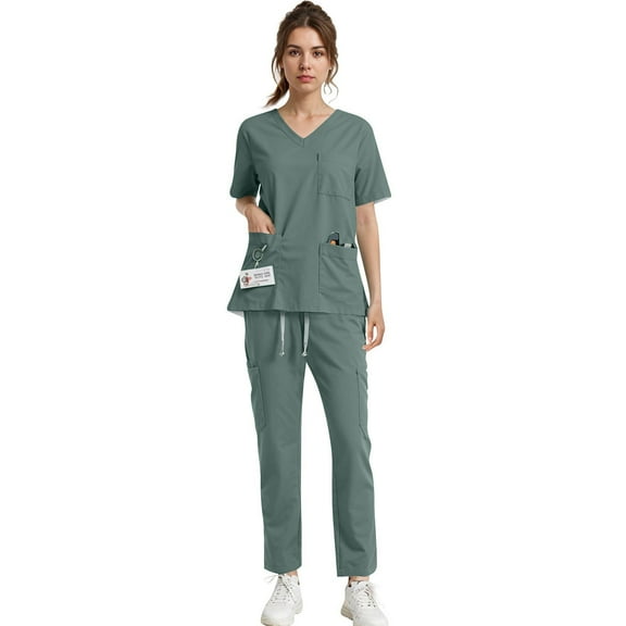 Resicozy Scrub Suit Set for Women Short Sleeve V-Neck Top Wide Leg Jogger Pants with Drawstring Nursing Uniforms Set Green S