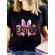 thumbnail image 1 of Women's Happy Easter Shirts Leopard Bunny T-Shirts Cute Rabbit Graphic Tees Easter Holiday Tops PrinCamisetas de verano para mujer, manga corta, cuello redondo, casual, lindo, con gráficos, camisetas, 1 of 6