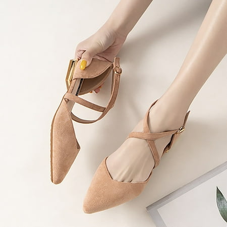 

bvgfsahne Women s New Medium Heel Pointed Low Heel Buckle Shallow Mouth Suede Retro Single Shoe Sandals