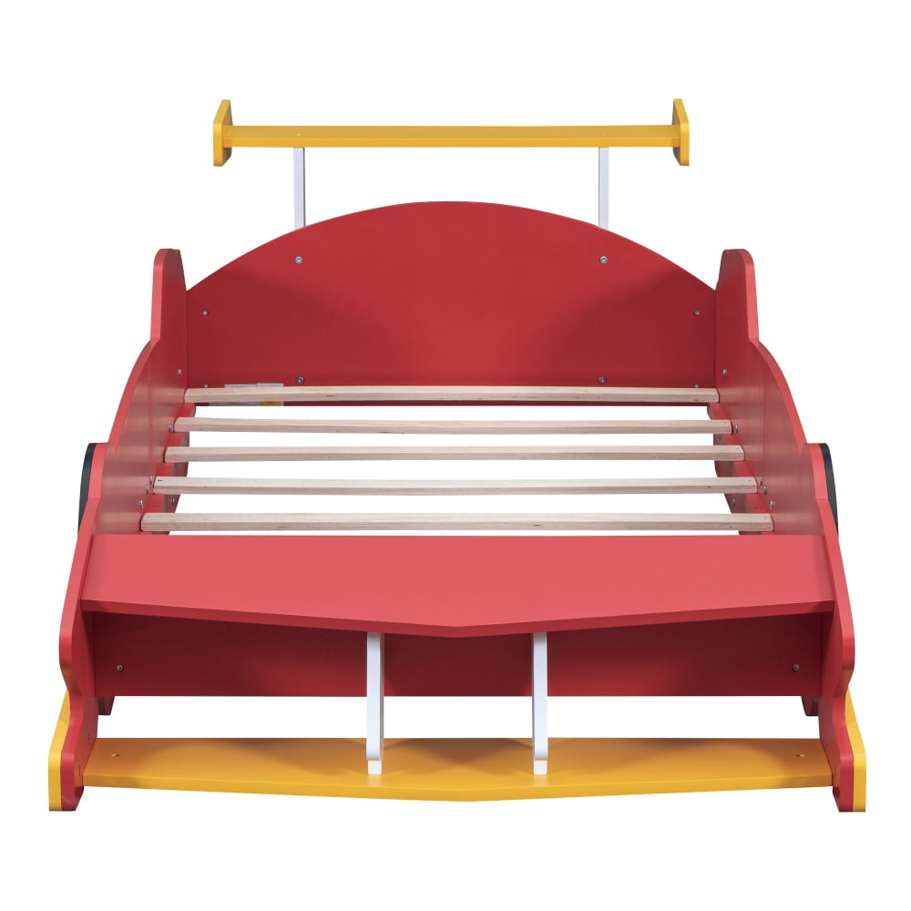 Twin Size Race Car-Shaped Platform Bed with Decorative Wheels, Low-Profile Frame, No Box Spring Needed