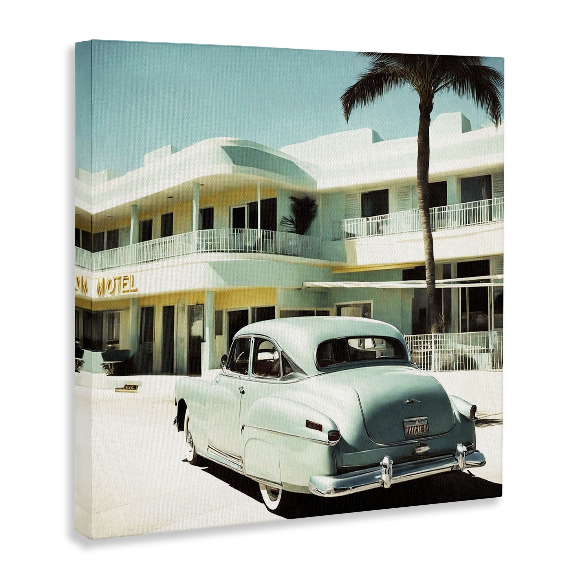 Stupell Industries Classic Car at Motel Transportation Painting Wrapped Canvas Art Print Wall Art, 24 x 24
