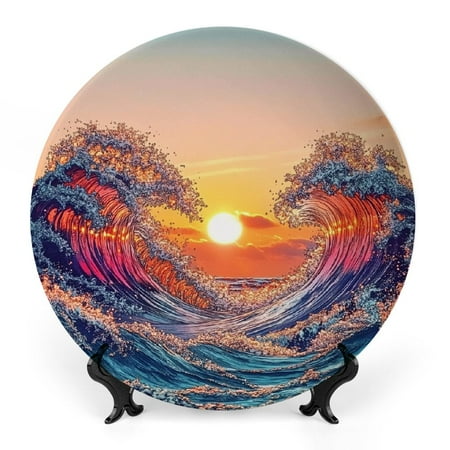 

FUMJ Sunset Waves Sun Bone China Decorative Plate Room Decoration - Elegant Ceramic Room Accent Piece with Optional Patterns for Tabletop or Wall Display 7x7inch