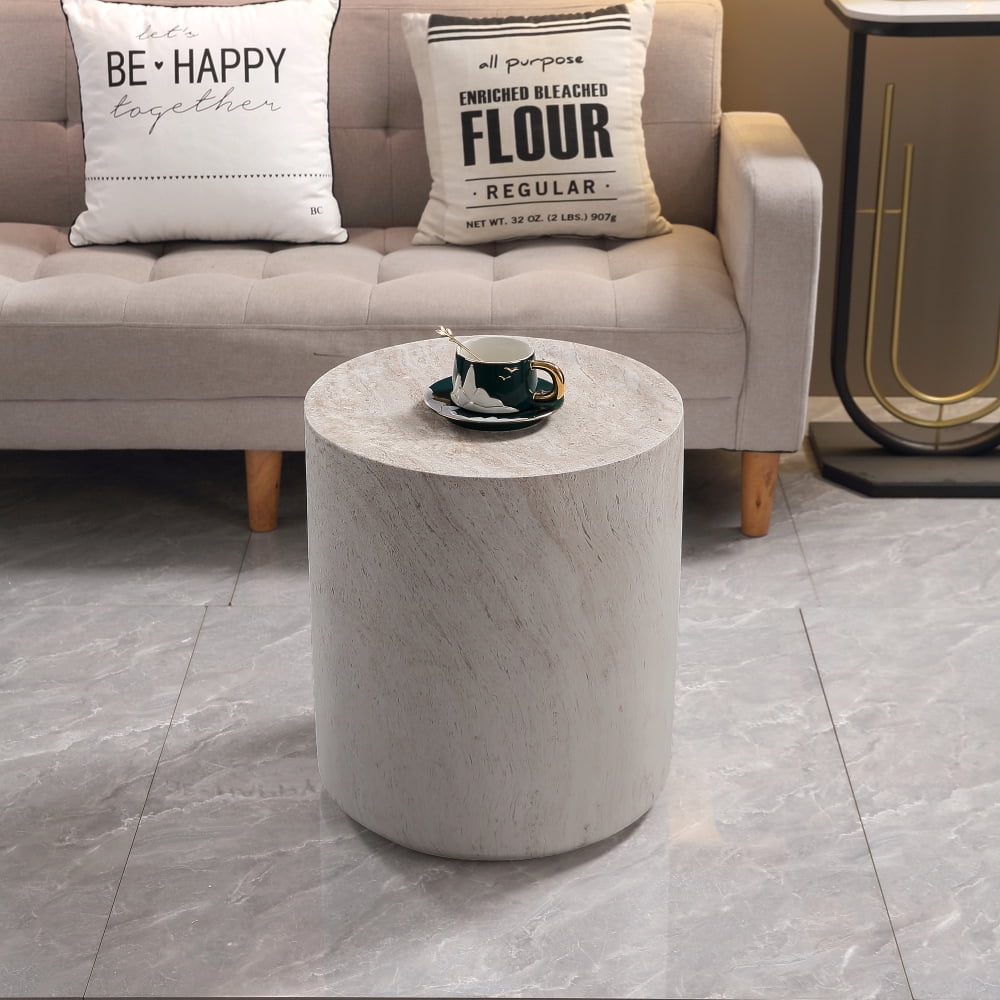 31.5" Round Drum Coffee Table, Light Travertine Finish Magnesium Oxide Table, Weather Resistant Indoor Outdoor Accent Table