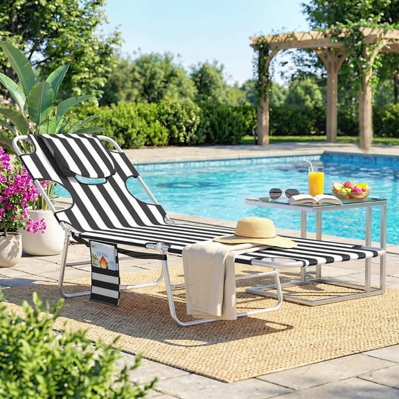 Outsunny Folding Beach Lounge Chair with Face Hole and Arm Slots, 5-level Adjustable Sun Lounger Tanning Chair with Pillow, Black Stripe
