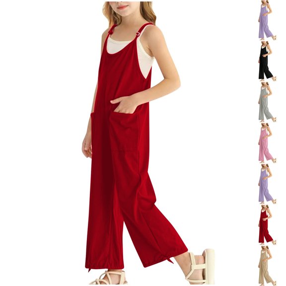 XINXIAOO Summer Jumpsuit for Girls Spaghetti Strap Overalls with Side Pockets Cute Clothes for Girls 7-8 Years