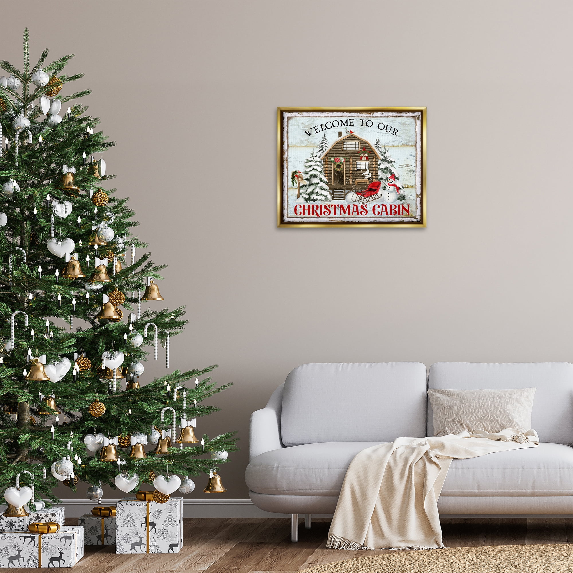 Stupell Industries Welcome Christmas Cabin Holiday Painting Gold Floater Framed Canvas Art Prints Wall Art, 31 x 25