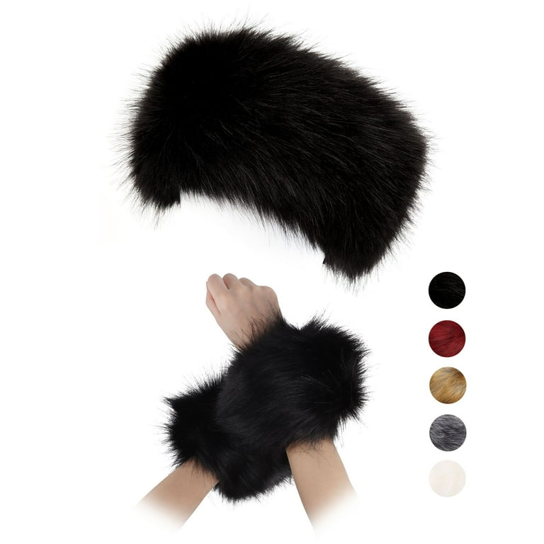 Gustave 2 Pieces Faux Fur Headband Hat and Wrist Cuffs Set Fluffy Ear  Warmer Furry Wrist Band Winter Accessories for Women Girls White