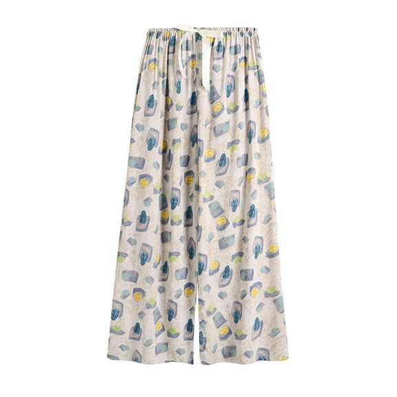 Lovskoo Women's Pajama Wide Leg Capri Pants Printed Drawstring Thin Pants Loose Wear Outside Summer 2024 Lounge Trousers Light Blue Free Size