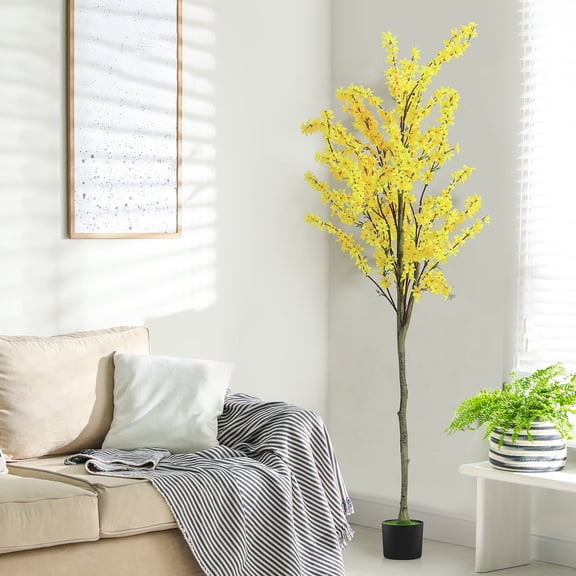 6FT Artificial Winter Jasmine Tree, Fake Silk Flower Tree with Cement Nursery Pot, Realistic Yellow Flower Faux Plant for Home & Office Indoor Decor