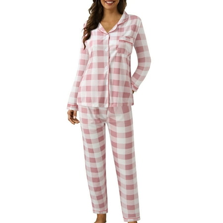 

JDEFEG Womens Pajama Sets Family Pajamas Women Casual Lapel Button Plaid Print Two Piece Long Sleeve Pajamas Pajamas Suit Fall Apparel Matching Pajamas For Couples Polyester Spandex Pink Xxl