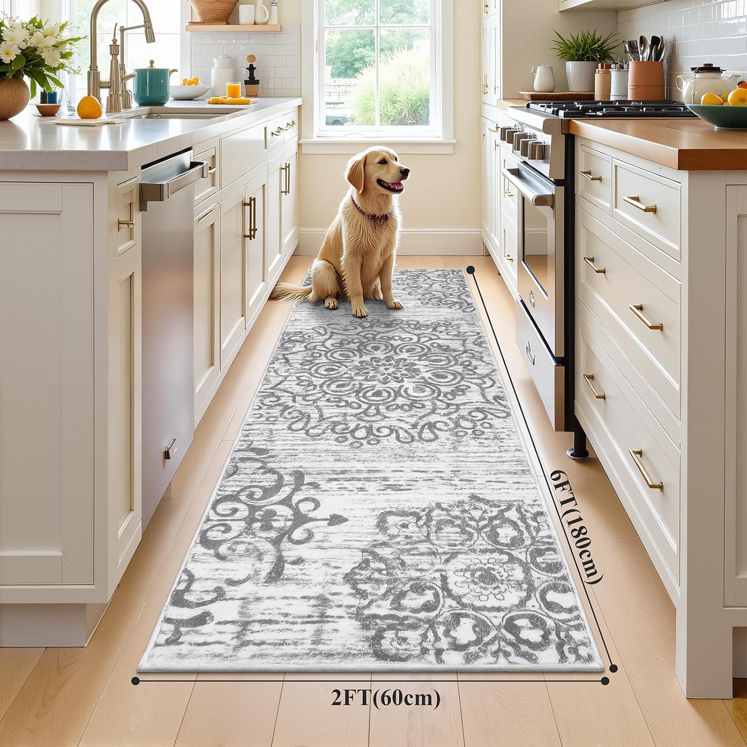 Findosom 2'x6' Vintage Boho Kitchen Rug Runner for Hallways Machine Washable Non Slip Hallway Runner Rugs 0.6 inch Thickness Medallion Floor Runner Rugs for Entryway Bedroom Laundry Room Gray
