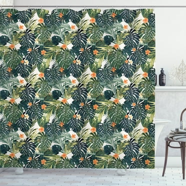 Ambesonne Green Shower Curtain, Hawaiian Tropical Flora, 69"Wx75"L, Green Dark Teal Orange