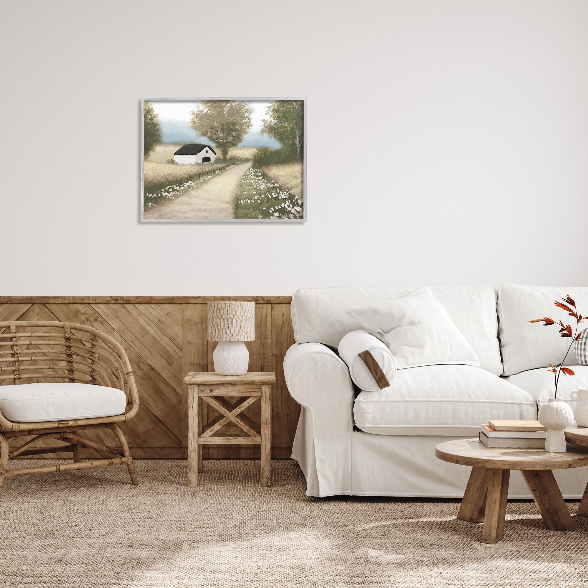 Stupell Industries Subtle Cottage Path Landscape Painting Gray Framed Art Print Wall Art, 30 x 24