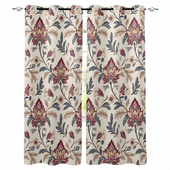 Fsddascl Boho Red Floral Blackout Curtains for Bedroom/Living Room, Thermal Insulated Kitchen Curtains, Farmhouse Rustic Flower Leaf Plant Grommet Darkening Window Treatment Drapes 27.5"x39"x2