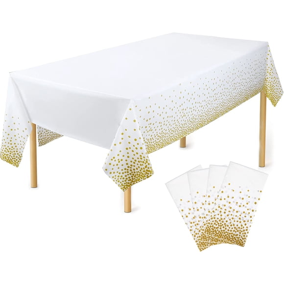 Nvzi Mantel de plástico para fiestas, 4 piezas con decoraciones de lunares blancos y dorados, impermeable, desechable, rectangular, apto para cumpleaños, Acción de Gracias, Navidad, boda, 54'' x 108''