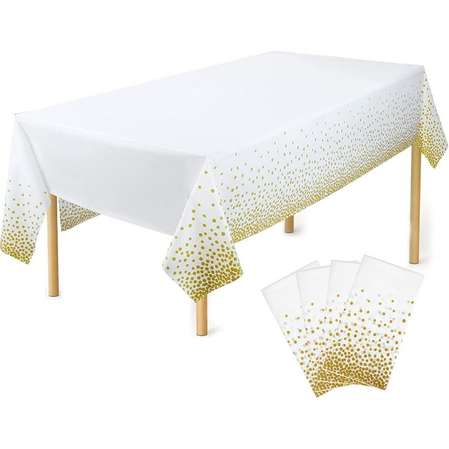 Xiao Hua Mantel de plástico para fiestas, 4 piezas con lunares blancos y dorados, impermeable, desechable, rectangular, ideal para cumpleaños, Acción de Gracias, Navidad y bodas, 137 x 274 cm.