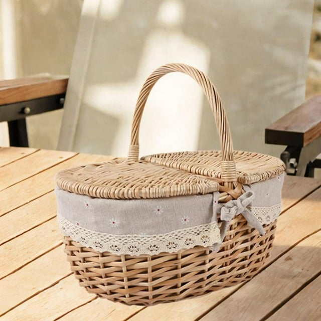 Cesta de picnic de mimbre con tapa y asa, cesta tejida de mimbre vintage para Pequeño