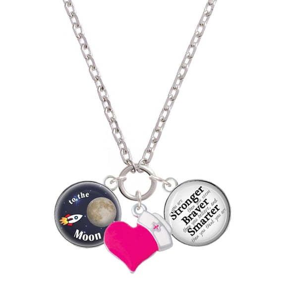 Delight Jewelry Silvertone Domed To the Moon Rocket - Hot Pink Heart Nurse Strong Zoe Necklace