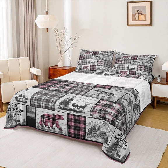 Rustic Pink Sheet Set Twin Vintage Buffalo Plaid Cabin Bed Sheets Hunting Woodland Bear Deer Wolf Bedding Women,Country Wildlife Animal Bed Sheet Set Black Grey 3 Pcs