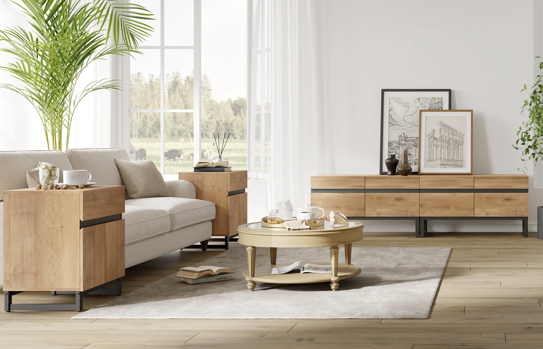Modern 3-Piece Living Room Set, 71 Inch TV Stand And 2 End Table Sets With Drawers, Media Console with Storage Shelves, Sturdy Wood Frame & Metal Legs, Contemporary Furniture for Living Room,Oak