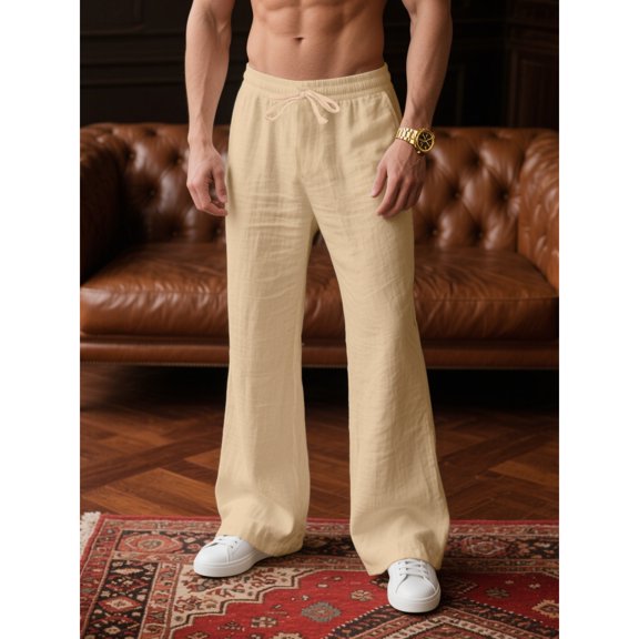 Inglocry Mens Linen Bell Bottom Pants Wide Leg Elastic Waist Drawstring Yoga Pants Summer Beach Lounge Trousers with Pockets Khaki XL