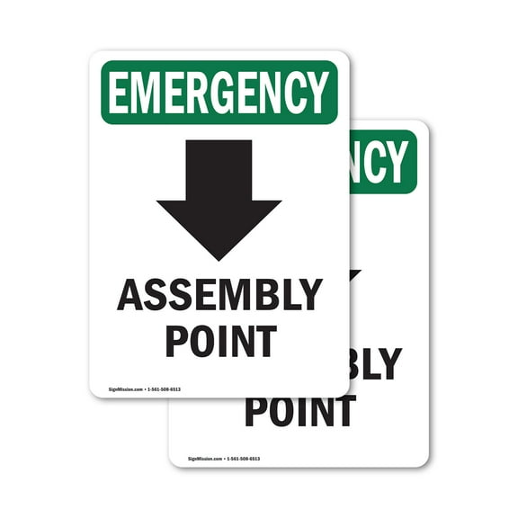 (2 Pack) Assembly Point [Down Arrow] With Symbol OSHA Emergency Sign