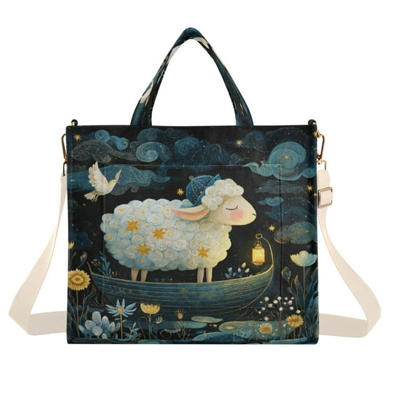 Corduroy Composite Fabric Tote Bag Magnetic Snap Large Capacity Crossbody Bag Beige Shoulder Strap A Cute Sheep