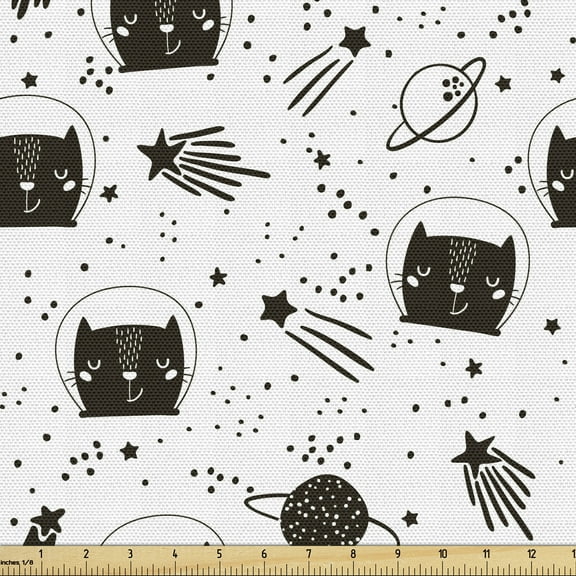 Ambesonne Pet Fabric by the Yard Upholstery, Cats in Outer Space, 1 Yard, White Black