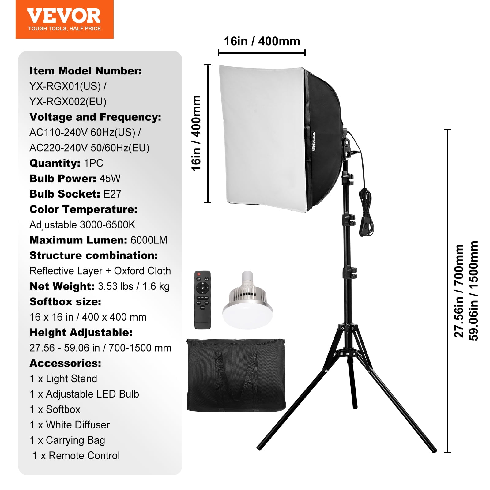 VEVOR Softbox Lighting Kit, 16" x 16", Professional Softbox with 45W LED Bulbs, 3000-6500K Adjustable Color Temperature, Tripod Stand, Studio Lights for Photography, Vedio Recording, Live Streaming