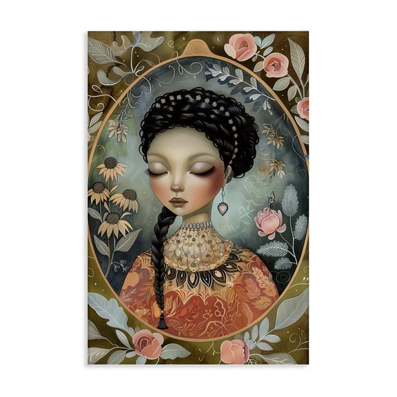 Stupell Industries Floral Edged Portrait of Woman Portrait Painting Wrapped Canvas Canvas Art Print Wall Art, 16 x 24