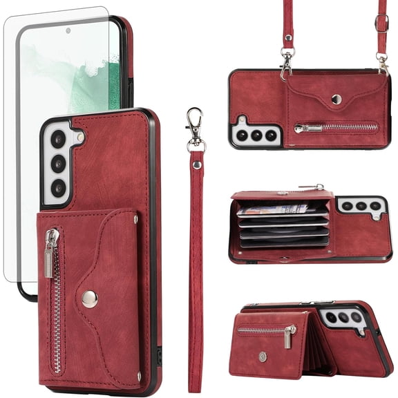 MYKOMI Phone Case for Samsung Galaxy S22 Plus S22  5G Wallet Cover with Wrist Crossbody Strap Lanyard Credit Card Holder Stand Leather Cell Accessories S22 5G S22plus 22S   S 22 22  Women Red