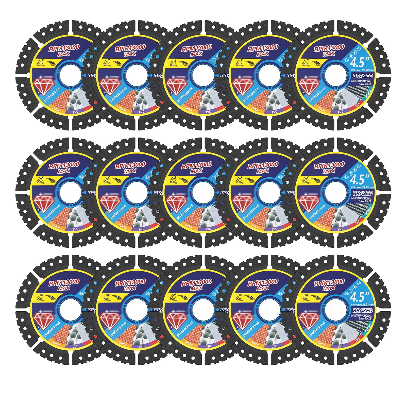 15 Pack 4.5" Diamond Multi-Purpose Saw Blades Diamond Blade for Angle Grinder for Cutting Tile Marble Quartz Stone Metal & Plastic Wet or Dry Use
