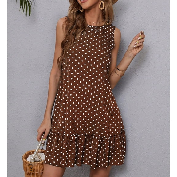 Women's Sleeveless Polka Dots Ruffle Tunic Dress Casual Summer Beach Tank Dresses Sundress
