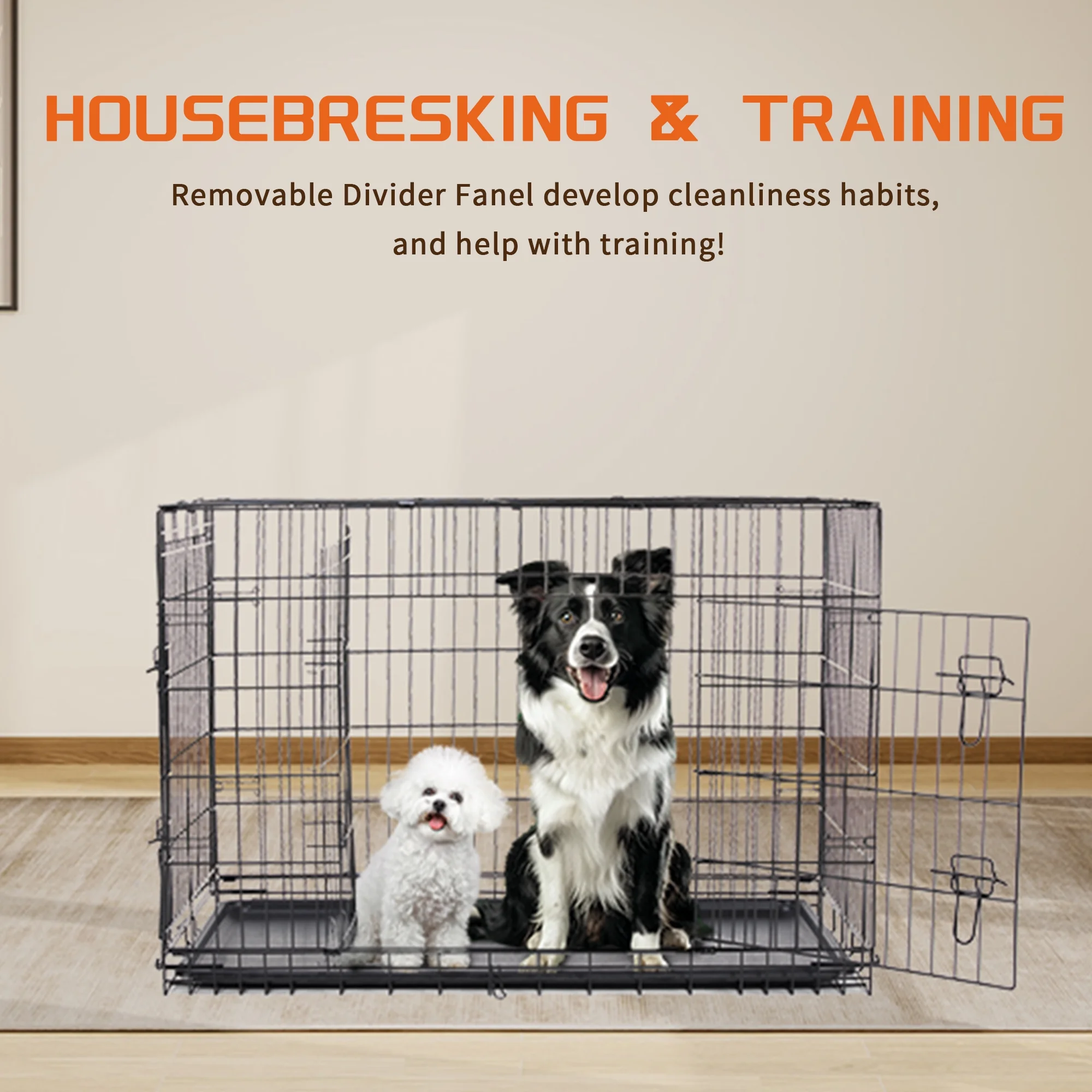 Elevon Foldable Double Door Dog Crate with Leak-Proof Tray, 24-Inch