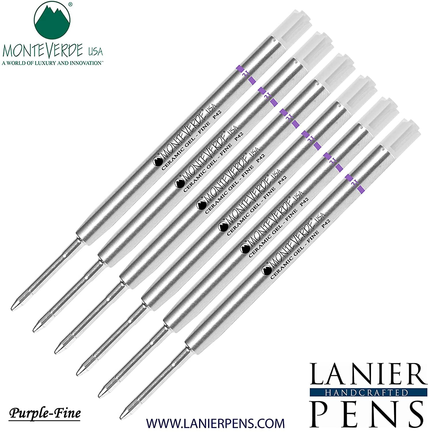 Lanier Combo Pack - 6 Pack - Monteverde Capless Ceramic Gel P42 Ink Refill Compatible with most Parker Style Ballpoint Pens - Purple (Fine Tip 0.6mm)