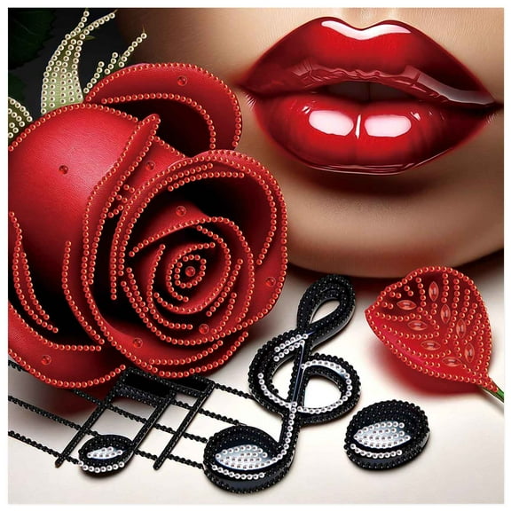 5D DIY Diamond Painting Kit Sensual Red Lips and Rose Special Shape Creative Diamond Craft Suitable for Home and Office Decor, Festive Gifts