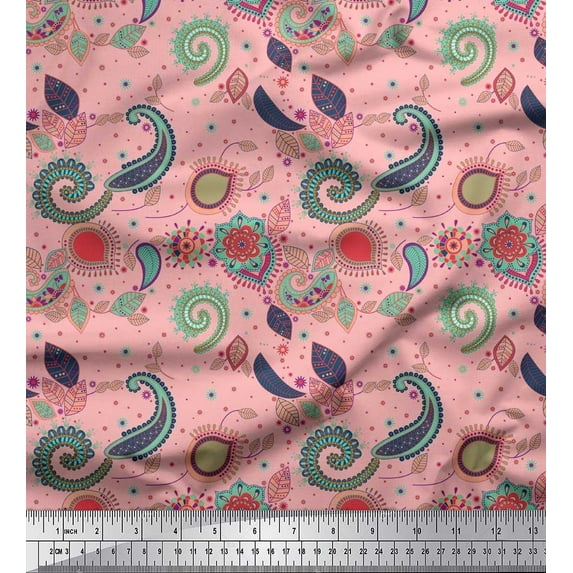 Soimoi Pink Heavy Satin Fabric Paisley & Floral Artistic Printed Fabric 1 Yard 54 Inch Wide