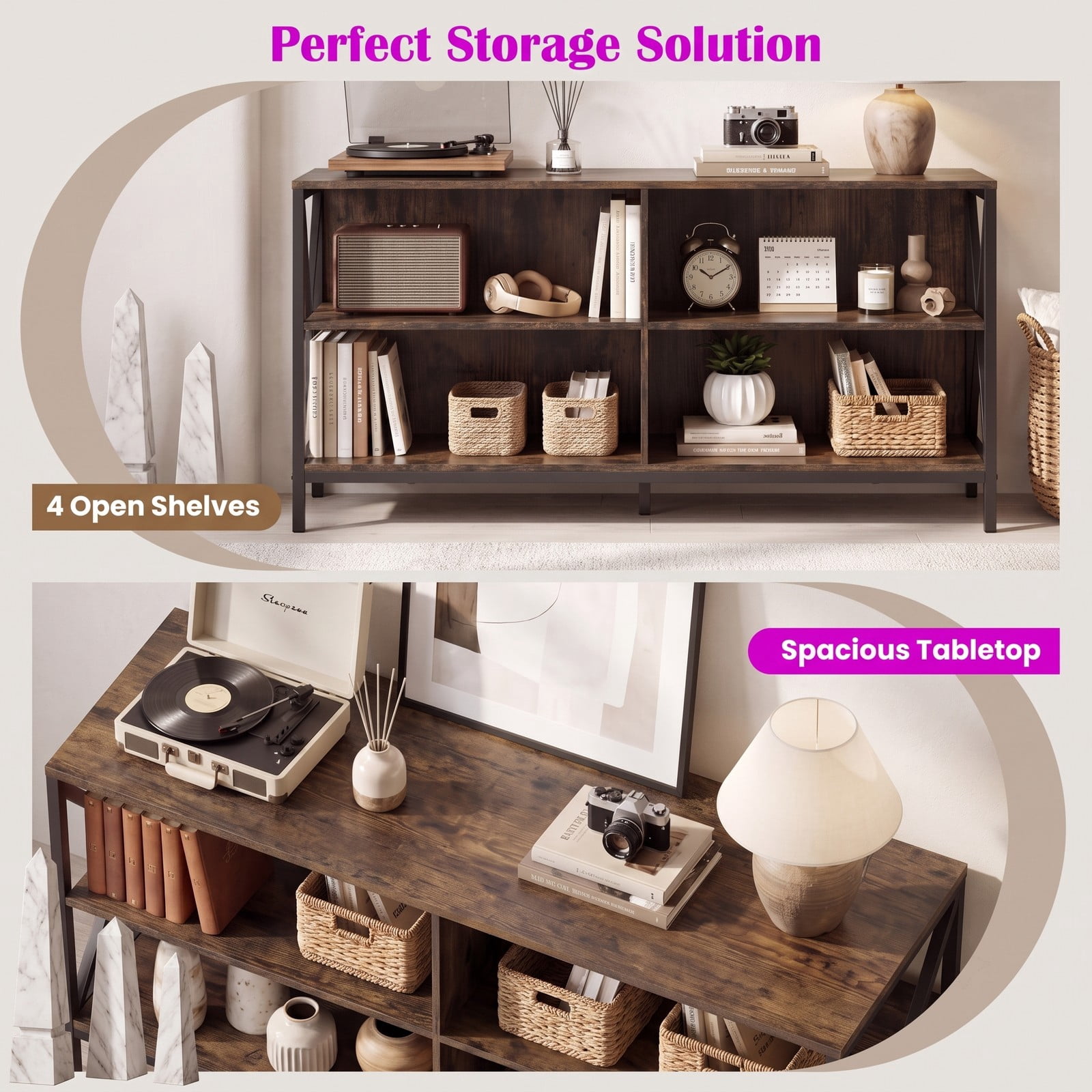 Furnibear Wooden TV Stand Entertainment Center for TVs up to 55 Inch, X-Shaped Metal Frame Media Console with Open Storage Shelves for Living Room, Rustic Brown & Black