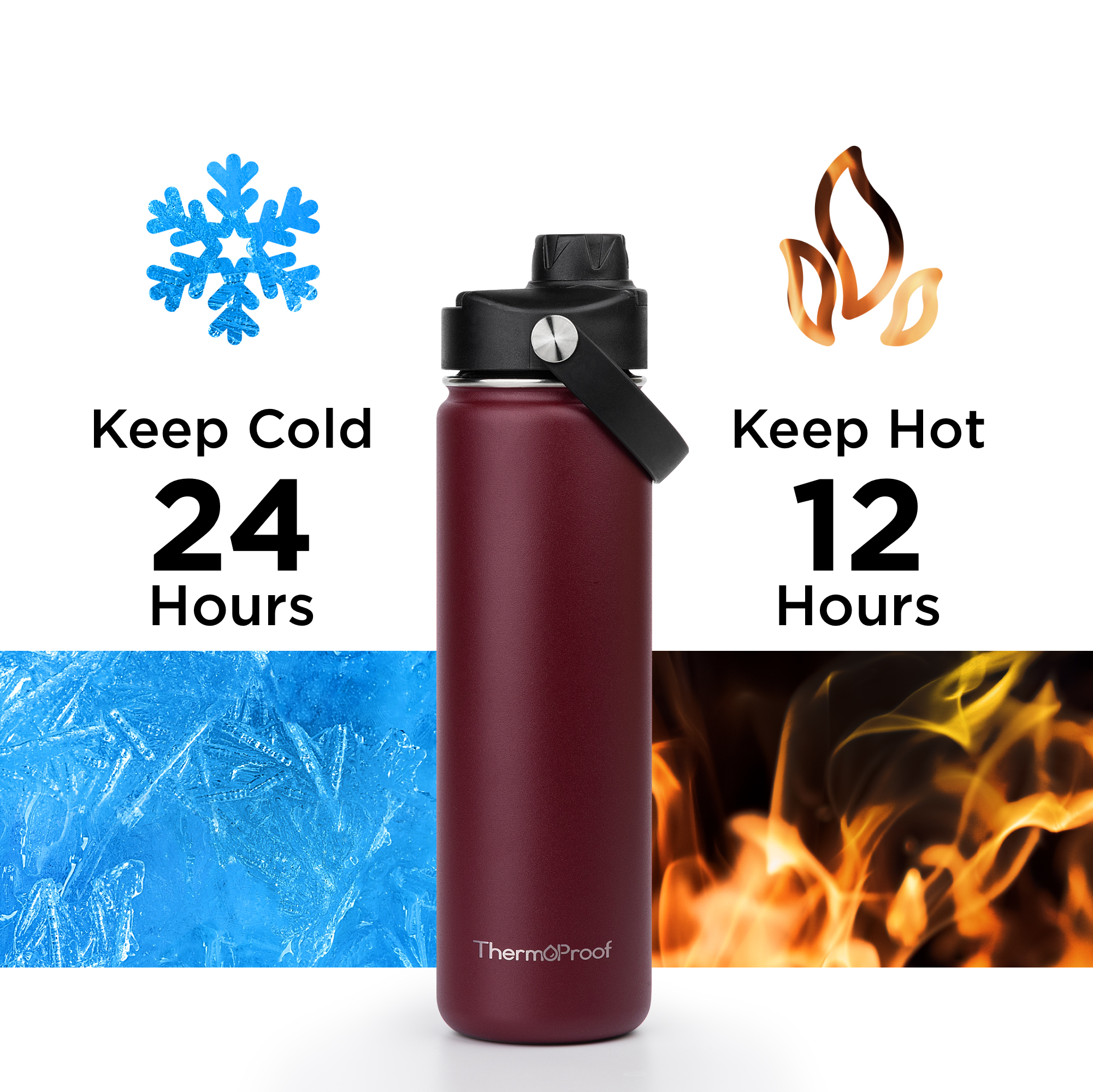 ThermoProof Double-Walled Vacuum Insulated Stainless Steel Water Bottle, Wide Mouth, Leakproof, 22oz, Burgundy