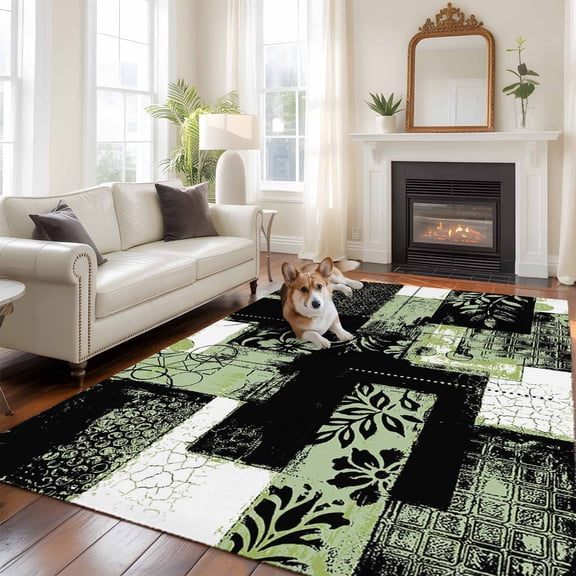 Modern Boho Large Area Rugs 8x10 ft Flowers Geometric Texture Green Black Abstract Art Washable Rug Non Slip Indoor Carpet Absorbent Floor Mat for Living Room Bedroom Dining Room