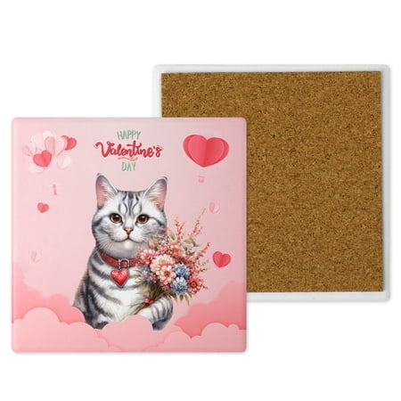 Happy Valentine s Day American Shorthair holding flowers Set of 4 Stone Coasters Cat Lover Kitten Owner Gifts 4x4in Absorbent Soapstone Coaster - 3005