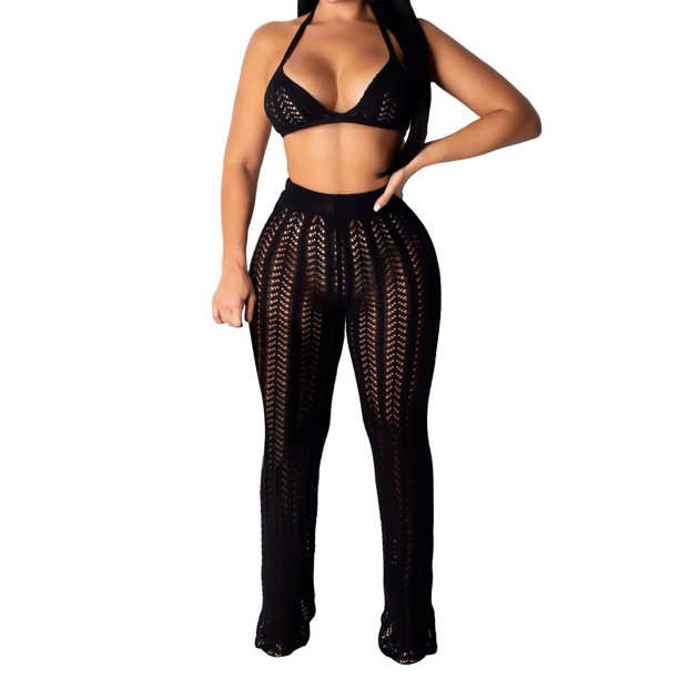Traje de punto ahuecado para mujer, sujetador triangular con cuello Halter, pantalones largos, conjunto de malla informal picante elegante para festivales de música, vacaciones, negro M