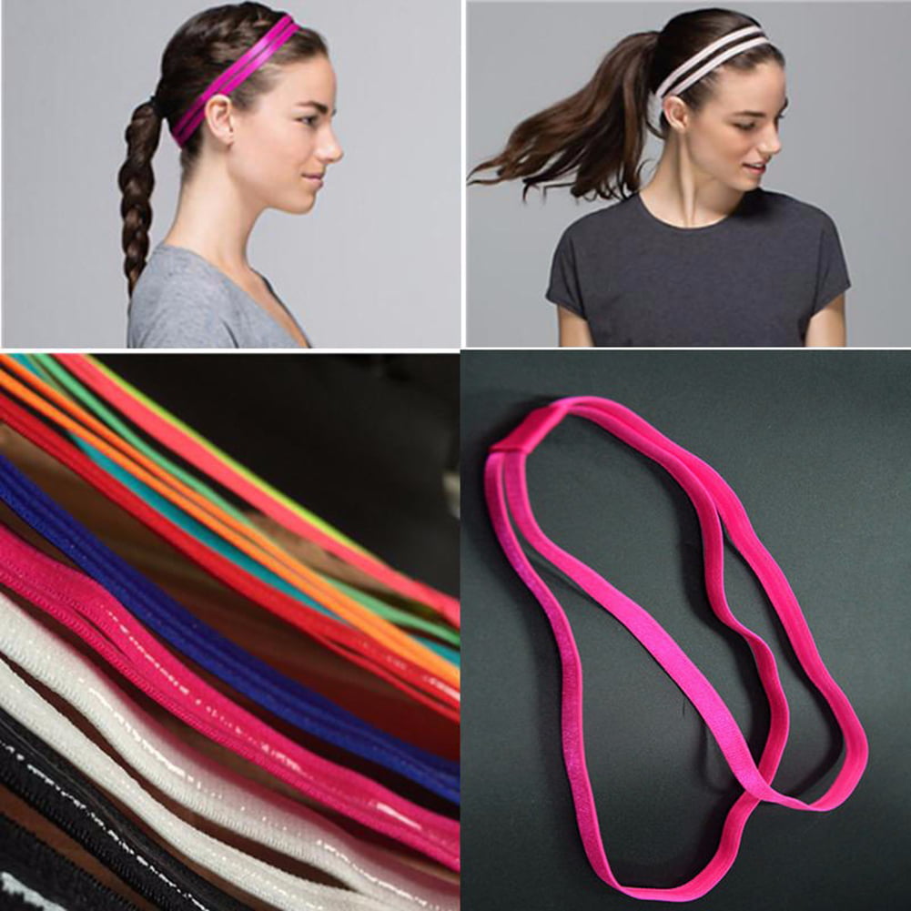 5 Pcs Elastic Sport Double Headbands Stretchable Non-slip Sweatbands Slim Hairbands 5 Colours Thin Skinny Bands with Rubber Lined Sweatband for Athletics Jogging Golf Soccer Running Yoga